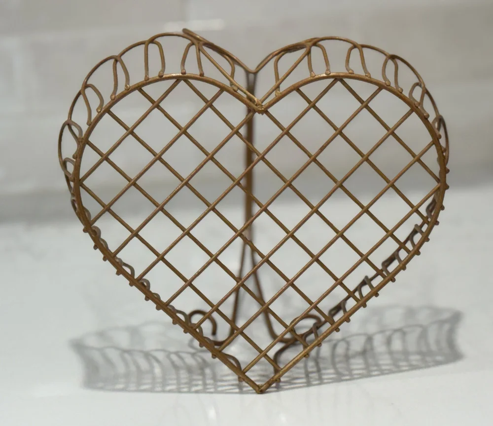 Gold Metal Wire Heart Shaped Gathering Basket Scalloped Scrollwork Cottagecore